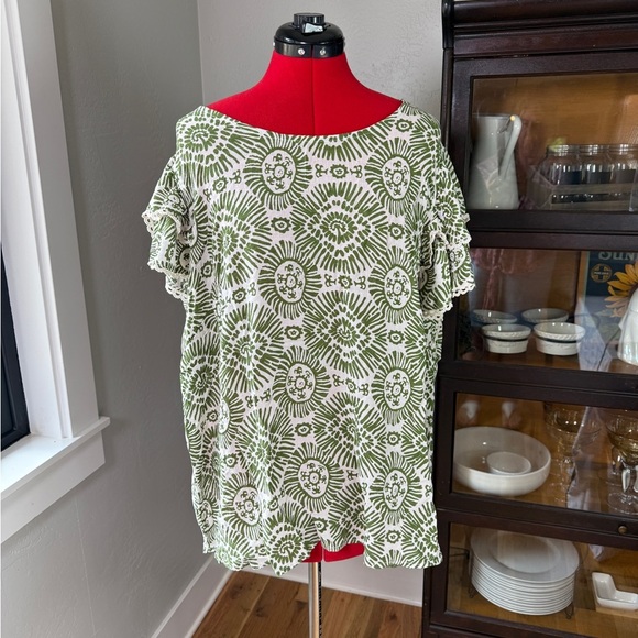 Haute Hippie Style Green White Boho Print Ruffle Sleeve Blouse 2X - Picture 1 of 5